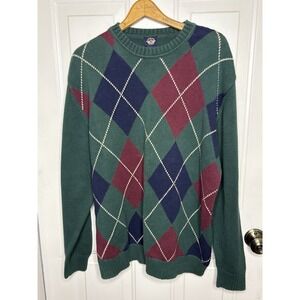 Dockers Men XL 100% Cotton Green Navy Red Argyle Crew Pull-Over Sweater Grandpa